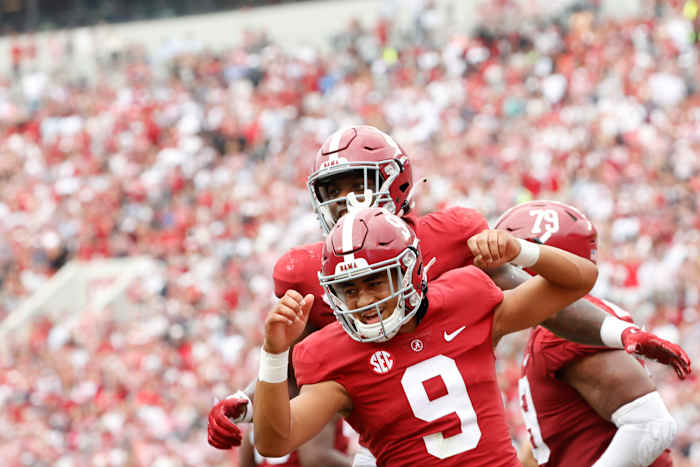 Bryce Young celebrates against Ole Miss